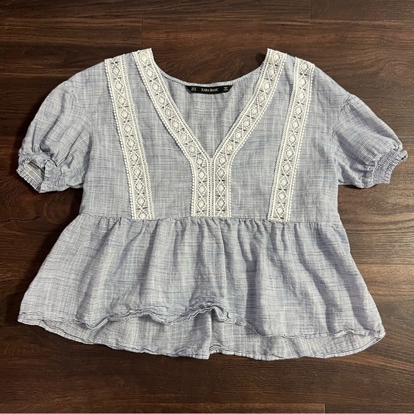 Zara Basic Women's Medium Peplum Blue Top with Lace Detail - Picture 1 of 6
